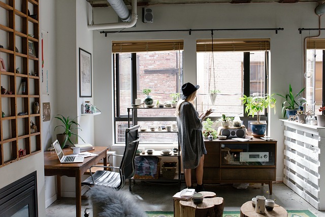 modern Scandinavian-inspired workspace with neutral palette and layered lighting
